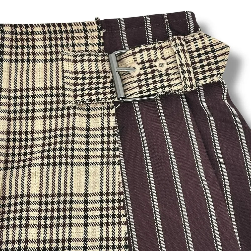 Gianni Bini GB Girls Mixed Media Faux Wrap Plaid Pleated Mini Skirt Sz 12 Brown